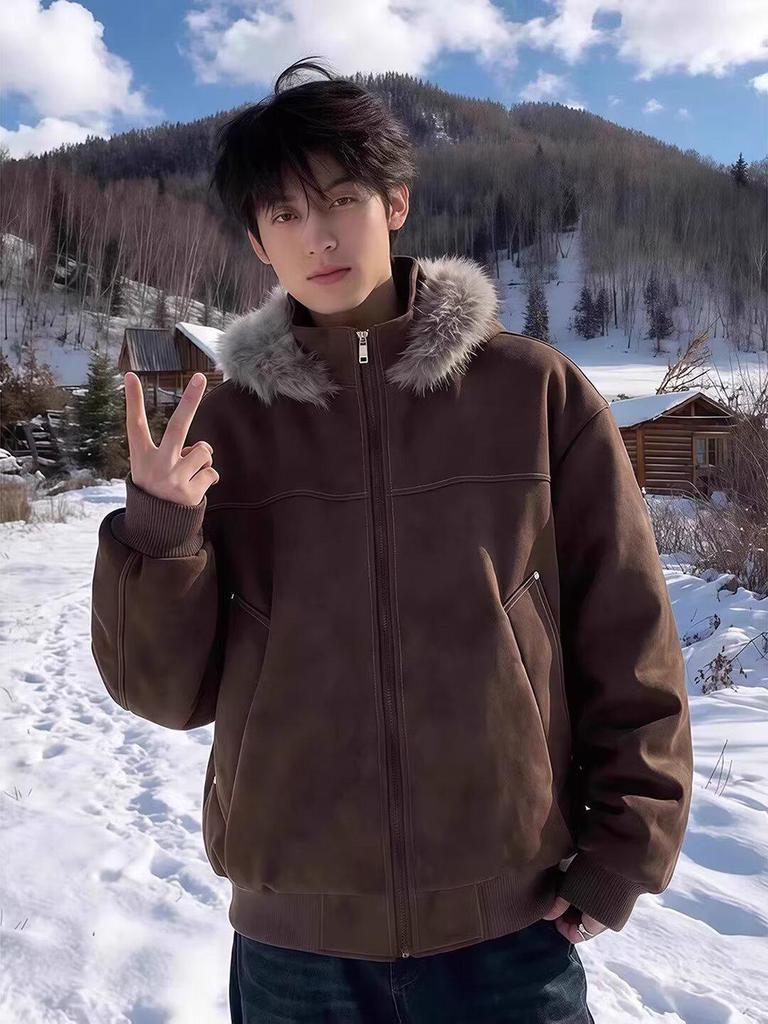 Мужская рабочая куртка в стиле ретро, цвет кофе, с потертостями, из хлопка с текстурой под кожу личи, с длинным меховым воротником и капюшоном, тяжелое зимнее пальто.