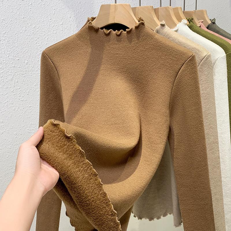 Women's Autumn and Winter Half-high Neck Knitted Thickening Bottom Warm Inner Wooden Ear Edge Tops