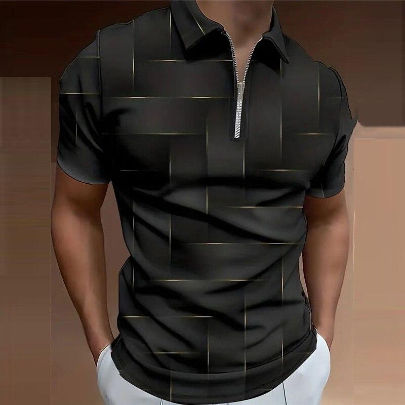 Мужская рубашка-поло, повседневная рубашка на молнии с коротким рукавом, модная повседневная рубашка на молнии на лето и весну, стандартная посадка, рубашка с 3D синей каймой в сетку и принтом