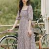 Women's Vintage Floral Long Dress Chiffon Squared Collar Puff Sleeve Dress French Style Summer New Arrival 2024