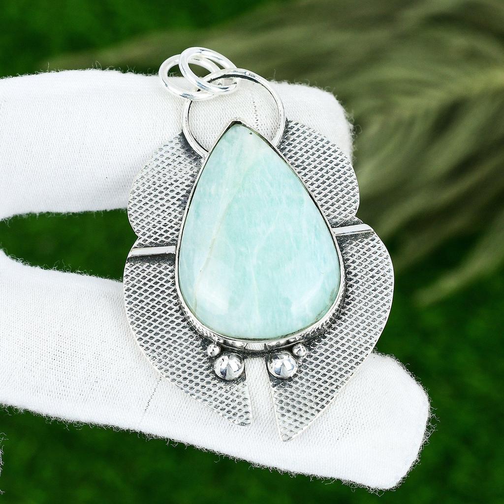 925 Sterling Silver Pear Amazonite Stone Heart Chakra Mother Wedding New Pendant