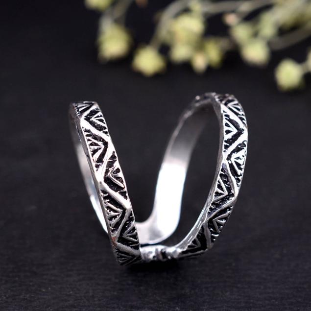 Geometric Double Band Ring | Wide Adjustable Tribal Knuckle Ring | Oxidized Silver Boho Statement Ring | Open Split Shank Mid-Finger Jewelry
