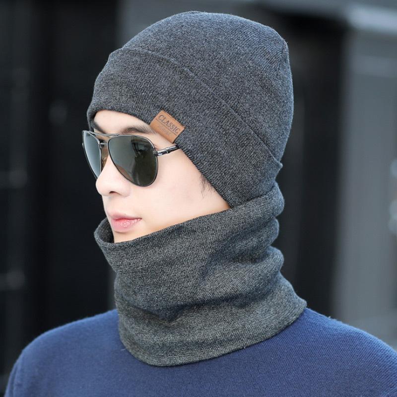 Men's Fleece Knitted Scarf Hat 2-piece Set Trendy Women's Warm Wool Hat Winter Student Cycling Cold