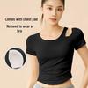 Обнаженный топ для йоги: Короткий рукав, нагрудные вкладыши, полые бретели на плечах, приталенный крой для спорта и тренировок
