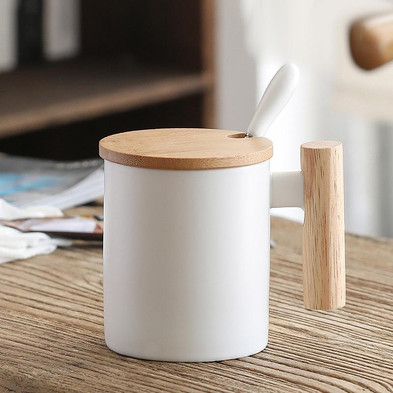 1pcs 310ml Ceramic Wooden Handle Coffee Cup with Lid and Spoon Coffee Milk Cup Couple's Mug Office Kitchen Water Cup Gift Cup
