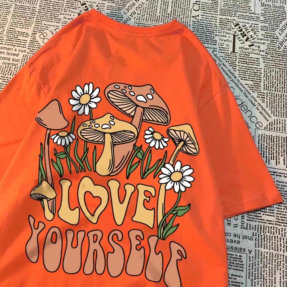Cottagecore Style Mushroom Love Yourself Мужская футболка Большие футболки Большие хлопковые футболки Дышащие женские с коротким рукавом