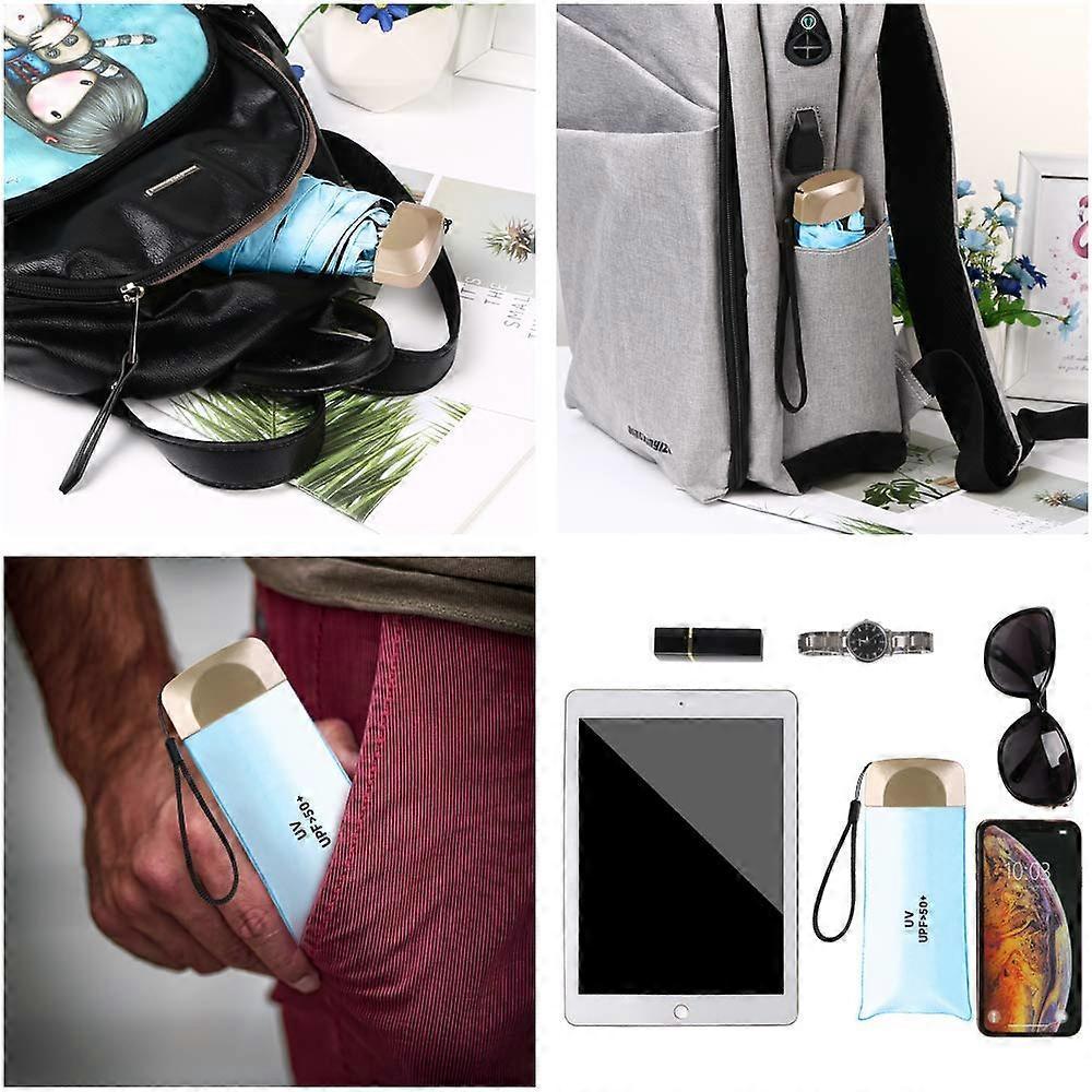 Mini Umbrella, Pocket Umbrella Bluewith Golden Handle, Black Rubber Cloth & 6 Aluminum Alloy Ribs