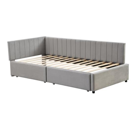 Adult Cot Velvet Upholstery Bed with 2 Drawers L-shaped Ergonomic Design Single Slatted Frame Backrest Strong Wood Slat Support Home Furniture