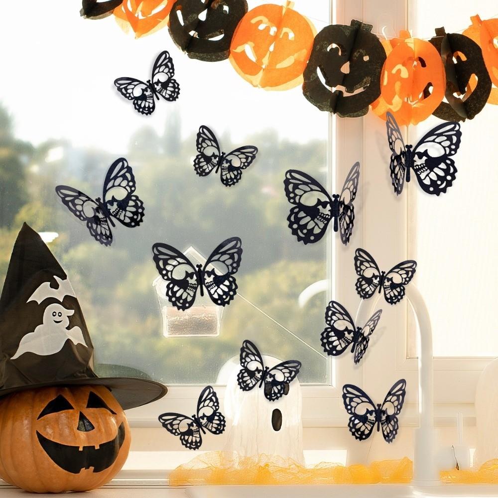Double Layer Halloween Wall Stickers Hollow Out PVC Butterfly Skull Stickers DIY Red 3D Butterfly Wallpaper Decal