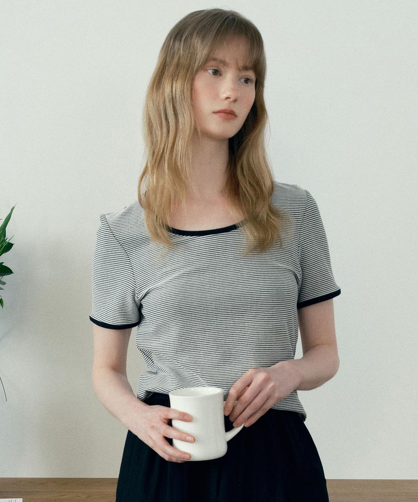 MIND BRIDGE WOMEN [W] U-Neck Striped Ringer Short Sleeve T-Shirt