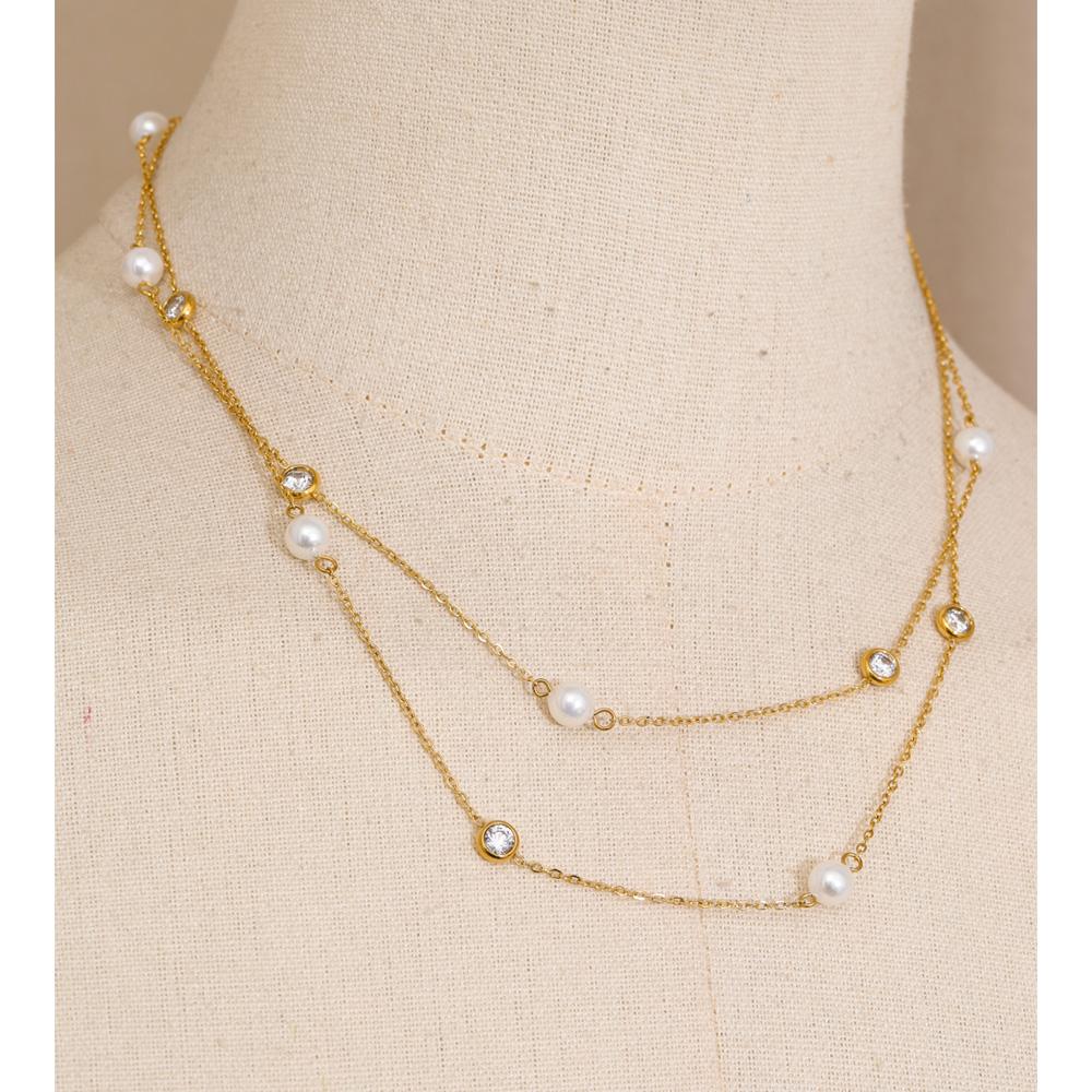 Eetit New Square Chain Stylish Stainless Steel Simulated Pearls Layered Stacking Necklace Women Fashion Charm Collar Jewelry