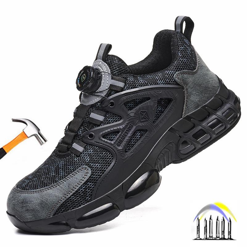 Ботинки со стальным подноском для мужчин, защитная обувь для строительной площадки с поворотной кнопкой, обувь с защитой от проколов, защитные кроссовки