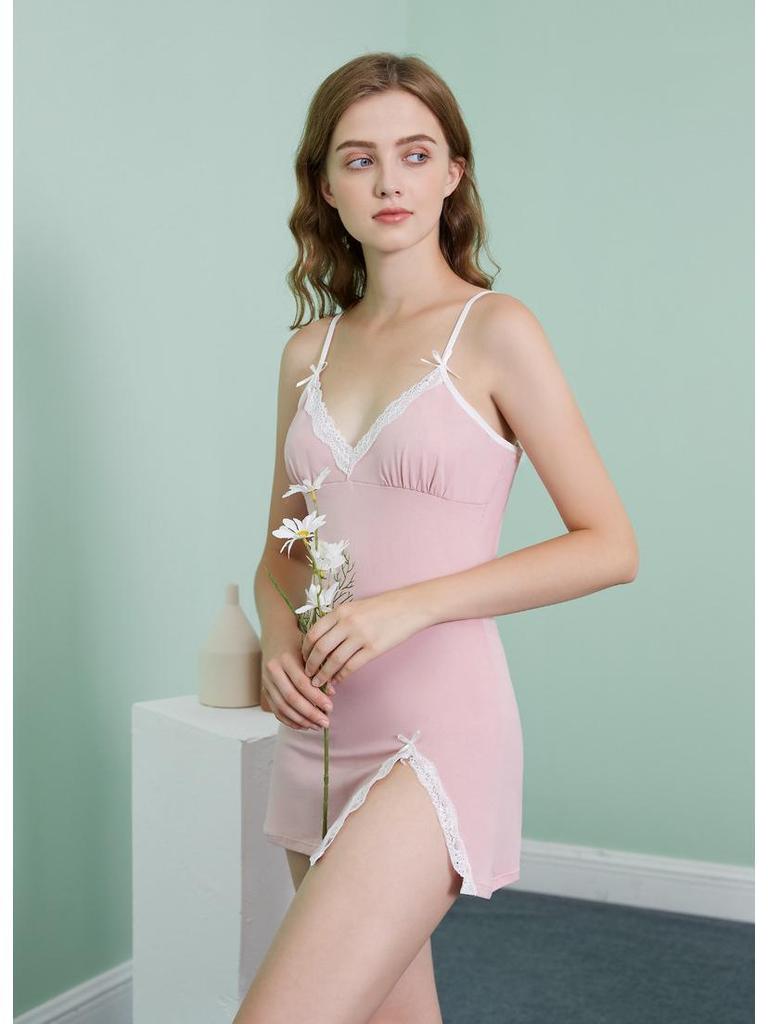 Lace-Trimmed Cotton Pajama Set with Camisole, Panties & Side-Slit Nightgown