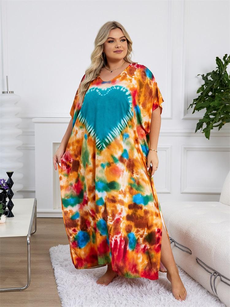 EDOLYNSA Plus Size Loose Kaftan Dresses For Women 2024 Boho Printed Vacation Beach Coverup Summer House Dress Cozy V Neck Short Sleeve Loungewear