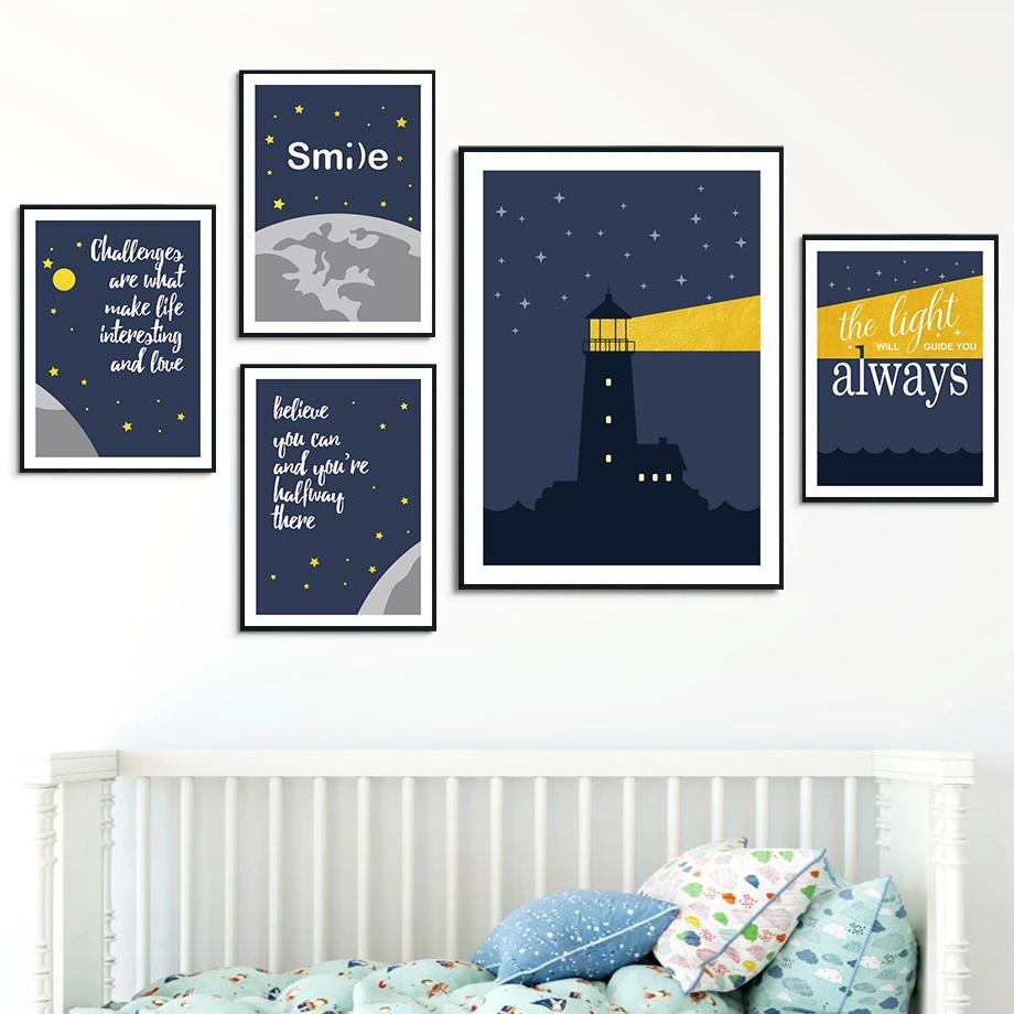 Lighthouse Cartoon Poster Print Sun Night Sky Stars Modular Canvas Painting Nordic Wall Art Pictures Artwork Home Bedroom Decor