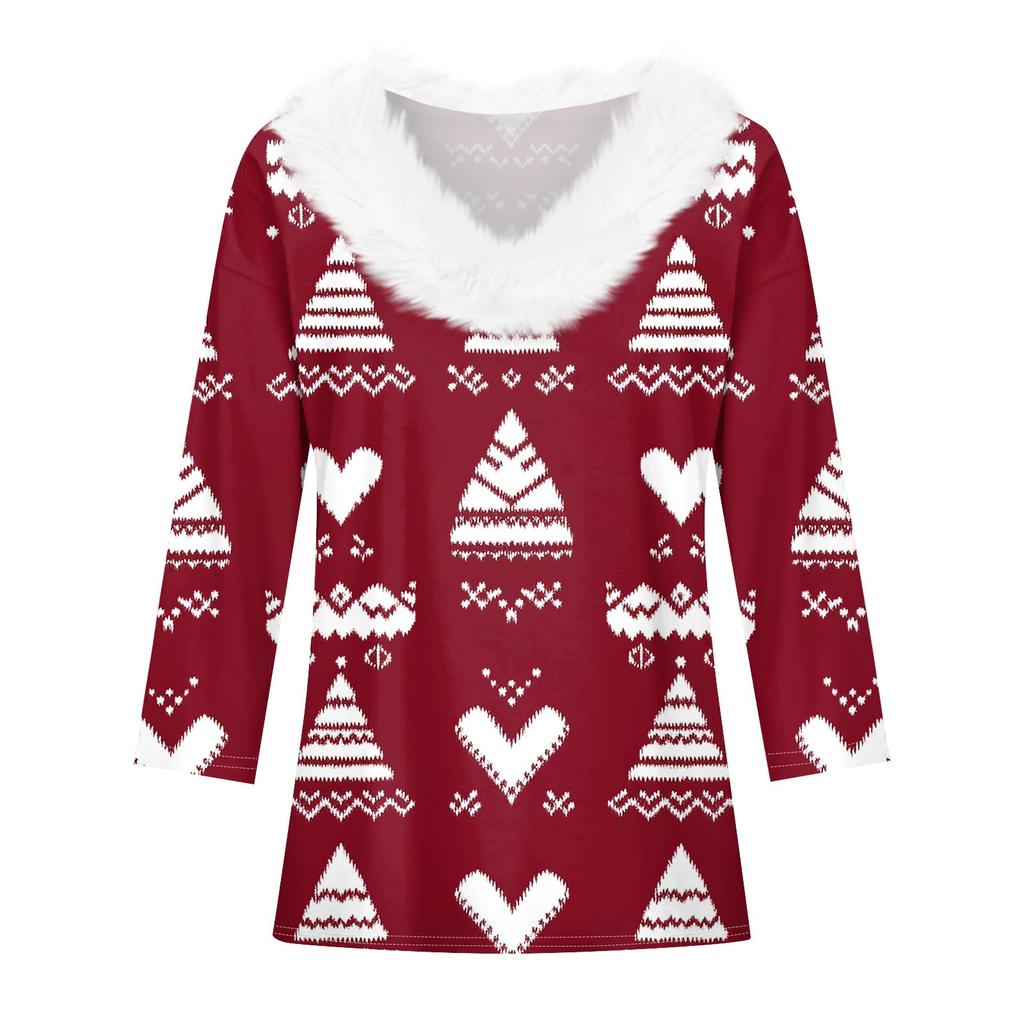 Рубашки с рукавом 3/4 для женщин, рождественские футболки с графическим принтом, блузки, повседневные базовые топы на пуговицах больших размеров, пуловеры