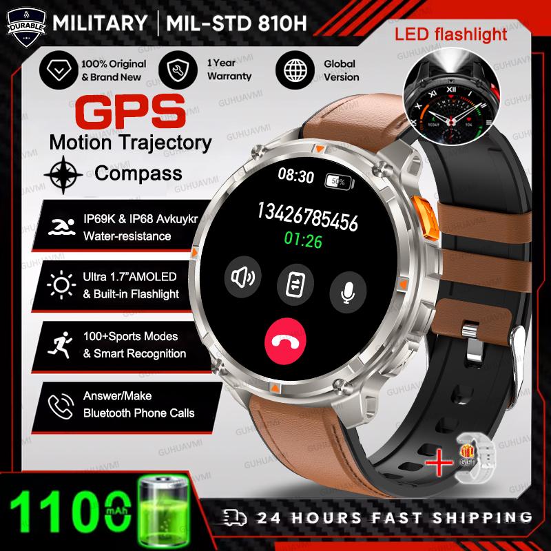 Большая батарея 1100 мАч Прочные умные часы для взрослых GPS Мощный фонарик Водонепроницаемость 10ATM BT-вызовы Спортивные умные часы Мужские