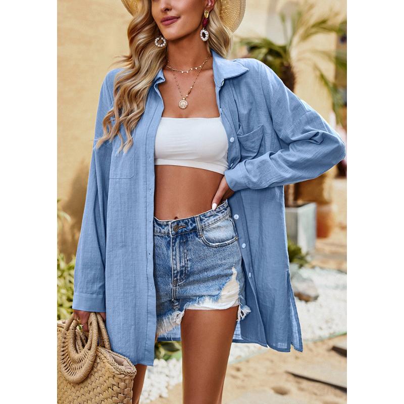 Женские летние рубашки, однотонный элегантный топ с длинными рукавами