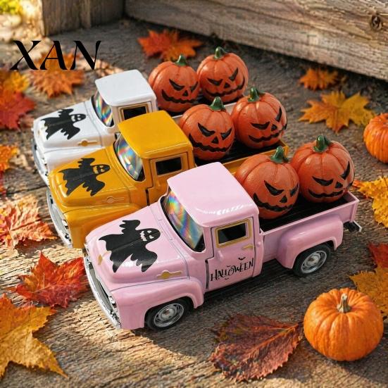 Pick-up Truck Alloy Figurine Halloween Figurine, Holding Pumpkin Vintage Car Statue, Miniature Model Vehicle Ornament for Holiday Party Table