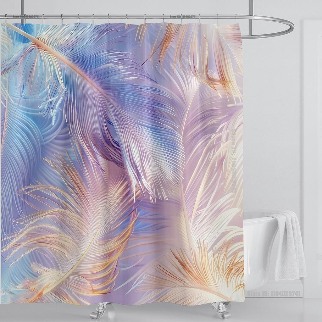 3D Feather Shower Curtain Set Colorful Printed Design Fabric Bathroom Decoration Waterproof Washable Shower Curtain with Hooks