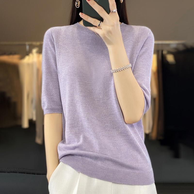 Женская летняя футболка с коротким рукавом, 50% шелка тутового дерева и полиэстера | Легкий дышащий облегающий повседневный топ