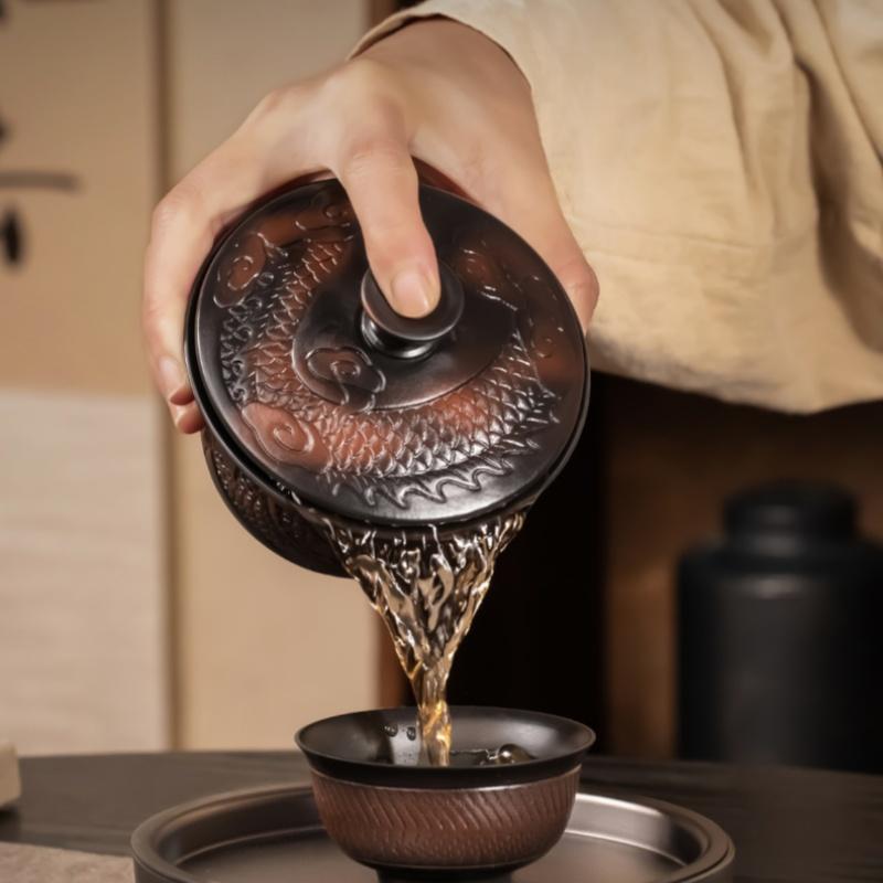 Jianshui Purple Pottery Gaiwan Dragon Handmade Household Kung Fu Tea Set Tea Bowl Tea Cup Tea Maker Tea Ceremony Tea Tureen