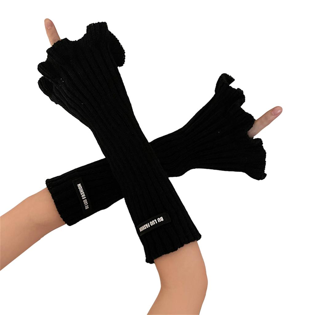 Winter Knit Trumpet Edge Trim Long Sleeve Arm Warmer Women Fingerless Gloves Thicken Outdoor Cycling Skiing Gloves