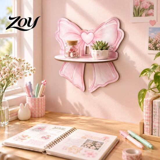 Small Plant Display Stand Cute Pink Bow Wooden Wall Shelf, Shaped Rack, Mount Versatile Shelf Storage for Bedroom Vanity Room, Decorative Plants