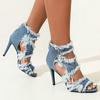 Brushed Denim Jeans Fabric Blue Woman Summer Shoes Open Toe 9.5 Cm 7 Cm Spike High Heel Gladiators Plus Size 44 45 46 Sandals Women