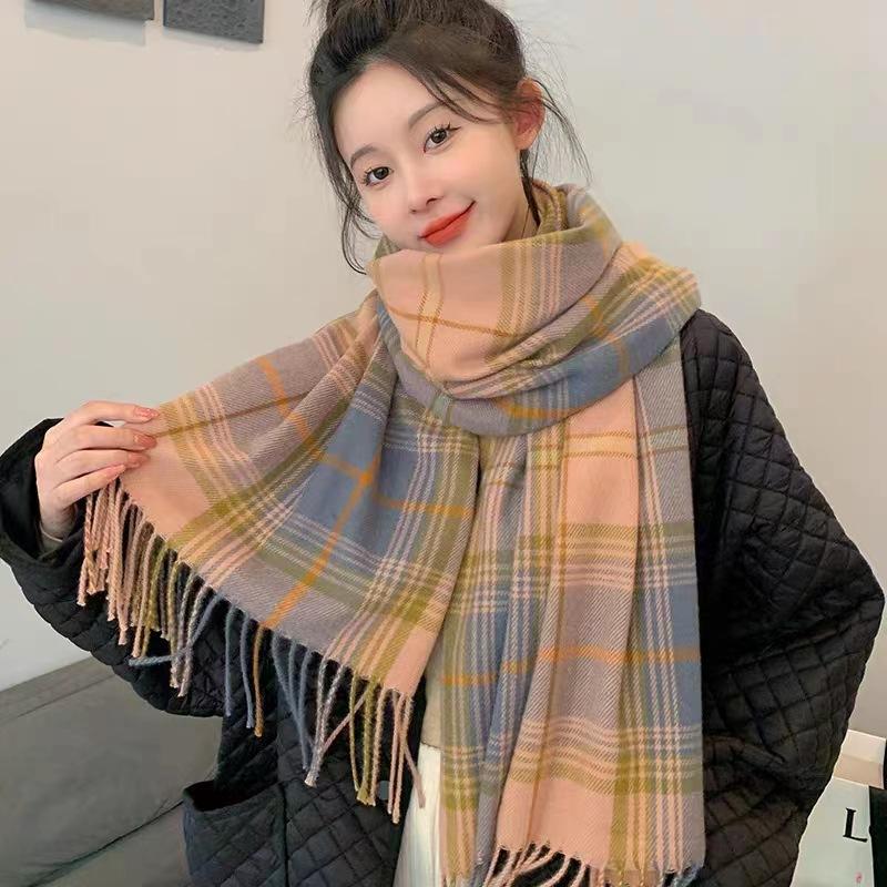 Double-sided Plaid Net Red New Cashmere Scarf Women's Autumn and Winter All-match Korean Version of The Big Shawl with A Bib To Keep Warm and Thicken