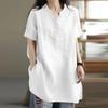 Breathable Linen Tunic for Women Burgundy Short Sleeve V-Neck Half Button Casual Loose