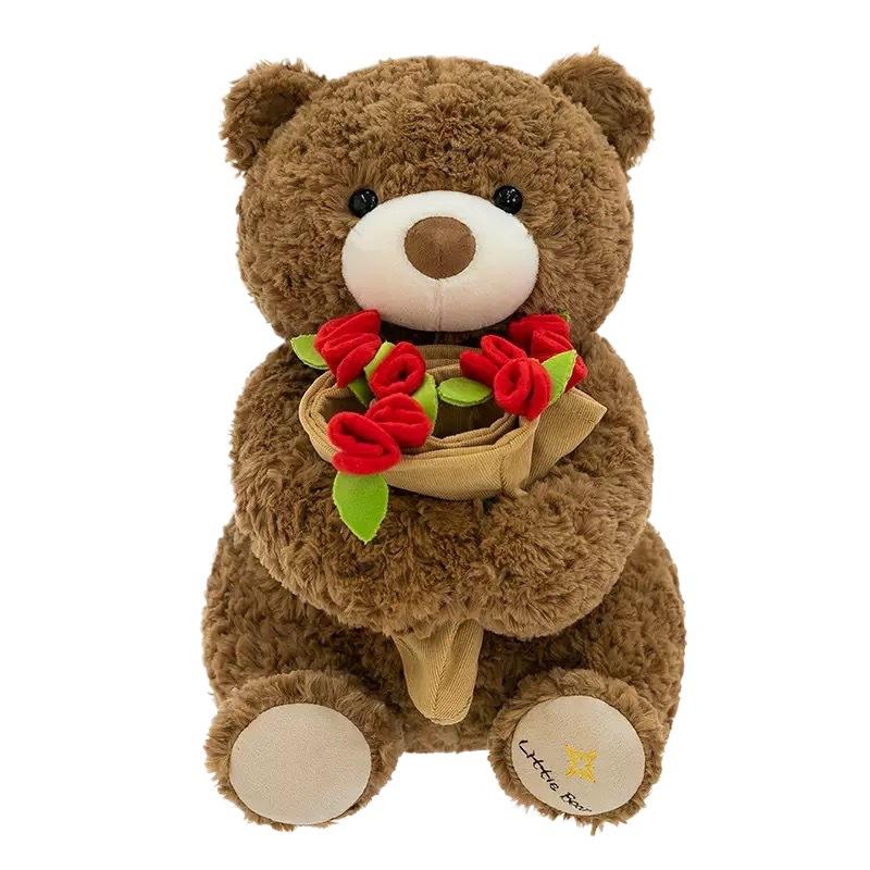 Rose Bear Teddy Bear with Hat, Flower Holding Plush Toy, Valentine's Day Birthday Gift for Girlfriend Women