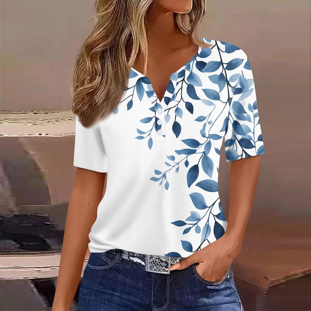 Женская повседневная футболка с коротким рукавом и V-образным вырезом, декоративная отделка пуговицами