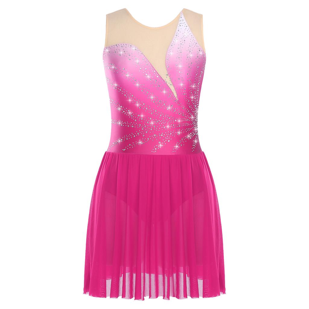 Женское платье для фигурного катания со стразами, сетчатой вставкой, без рукавов, платье для катания на льду, со встроенными трусиками