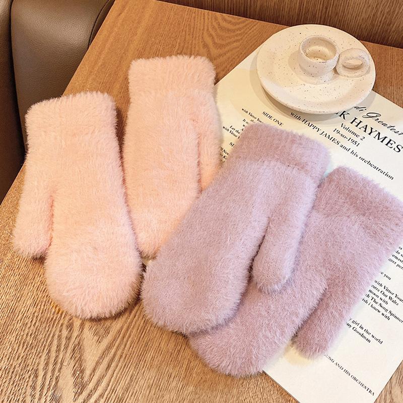 Women Winter Keep Warm Plus Cashmere Thicken Mink Fleece Solid Cute Lovely Outdoor Windproof Cycling Full Finger Mittens Gloves