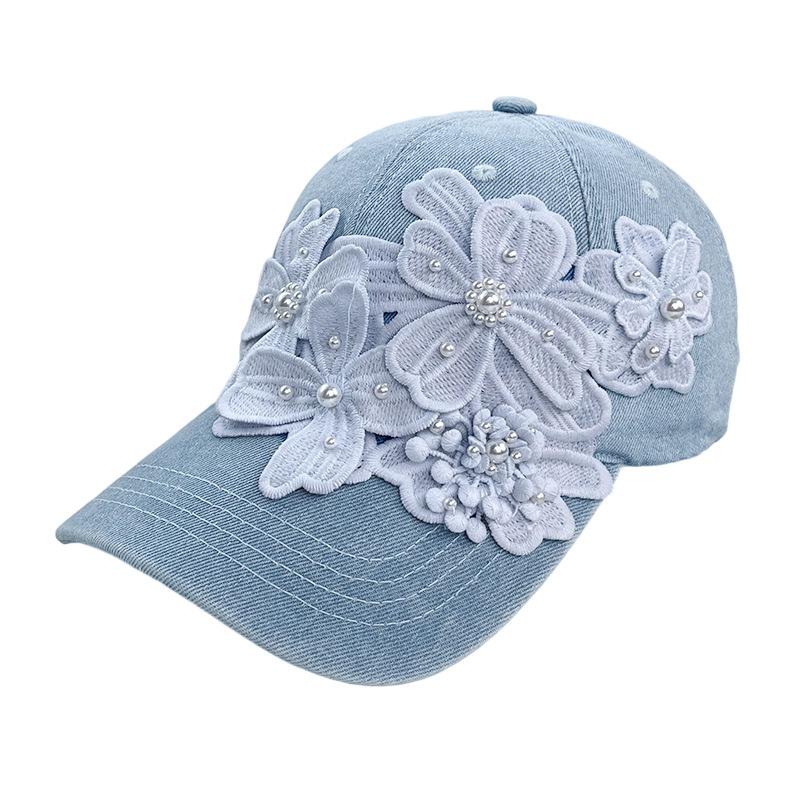 Washed denim baseball cap children outdoor commuter sun protection visor hat lace sweet big flower cap