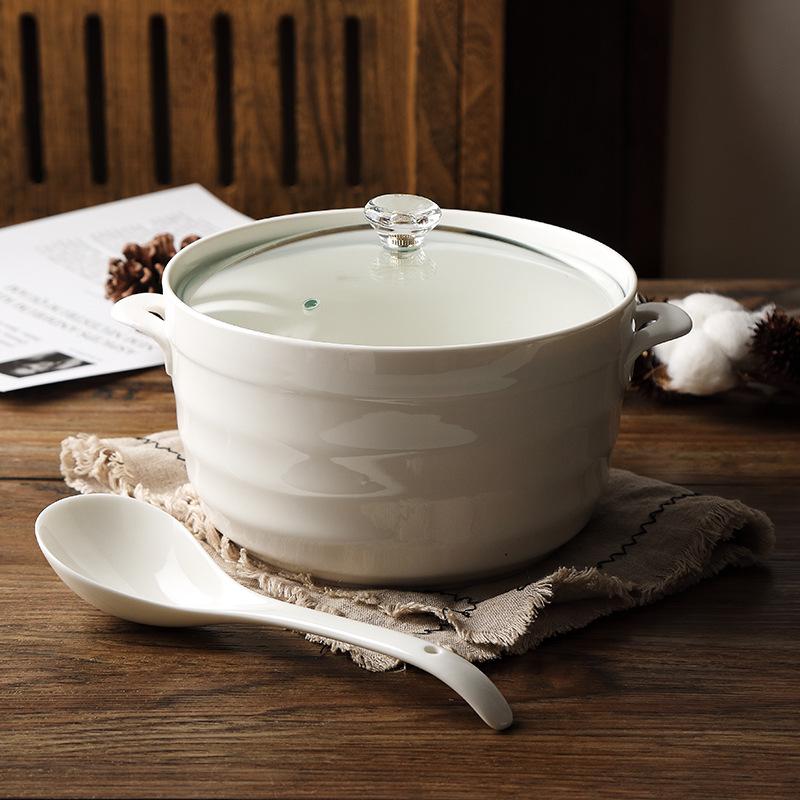 Керамический набор суповых тарелок с двумя ручками и крышкой - Безопасно для микроволновой печи, Включает большую ложку и супницу, Чисто-белый, Креативный дизайн (8 мисок)