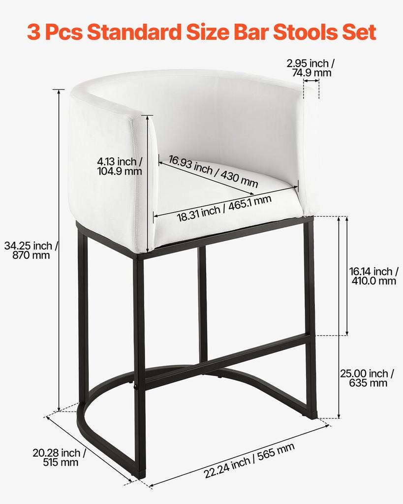 Bar Stool Set of 3, 63cm Counter Height Stools, Counter Barstool with Backrest, Arm, Metal Frame, and Footrest, Accent Fabric Bar Chair, Island