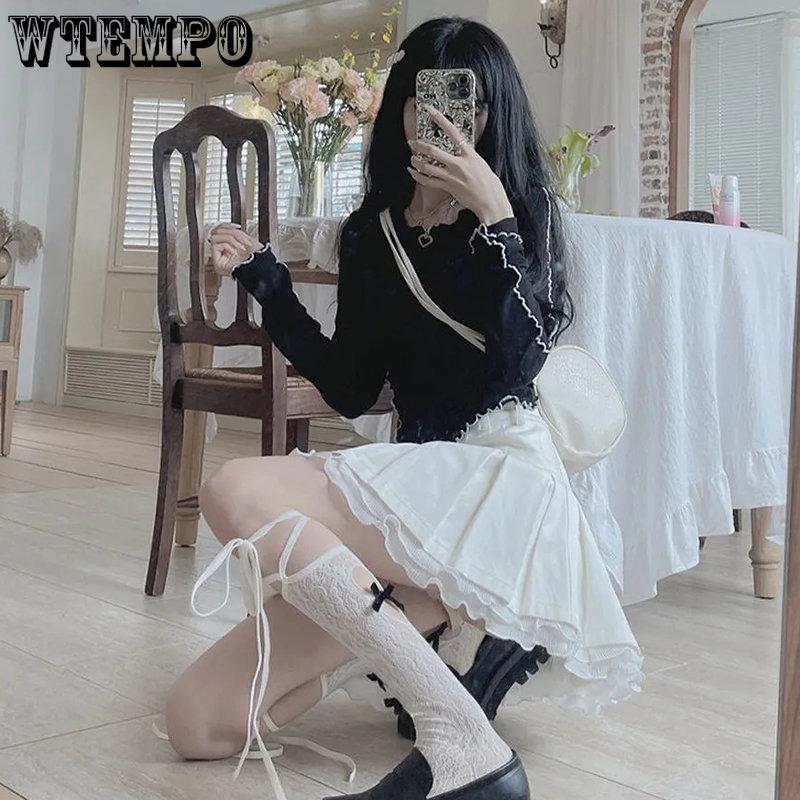 WTEMPO Милые кавайные японские плиссированные юбки с высокой талией для девочек, весна-лето, консервативный стиль, черно-белые мини-юбки