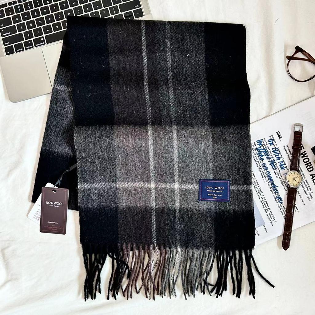 Men Scarf 100% Wool Plaid Warm Soft Muffler Female Winter Autumn Couple Cashmere Windproof Stripe Tassel Shawl Male Thick Scarf
