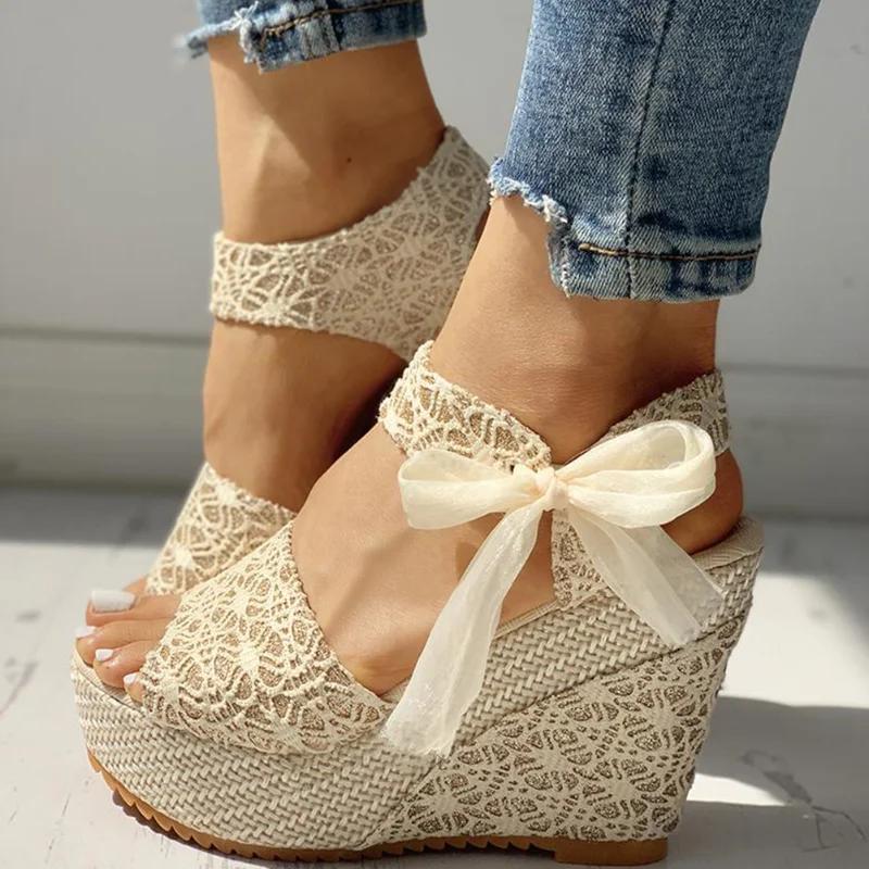 2024 2024 INS hot lace Leisure Women Wedges Heels Heels Shoes 2024 Summer Sandals Party Platform High Heels Heels Shoes Woman