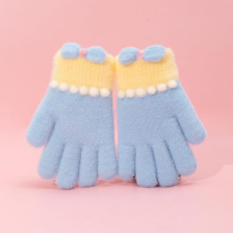 Защищающие от холода осенне-зимние перчатки, утолщенные, с бантом, полнопалые, детские вязаные перчатки, ветрозащитные, термо, толстые снежные перчатки