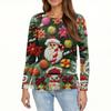 Женская мода повседневный топ с разрезом по низу и рождественским принтом с круглым вырезом и длинными рукавами