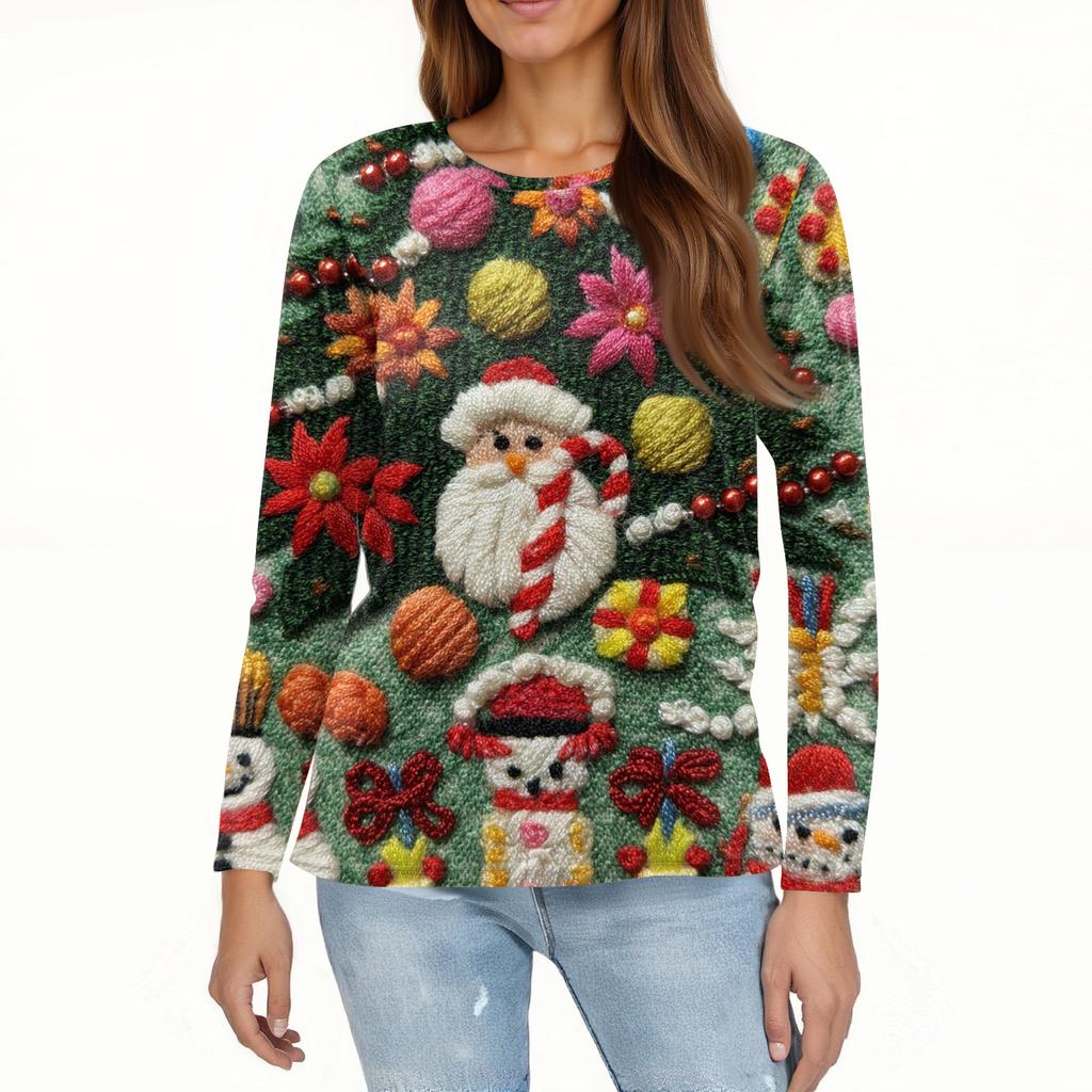 Женская мода повседневный топ с разрезом по низу и рождественским принтом с круглым вырезом и длинными рукавами