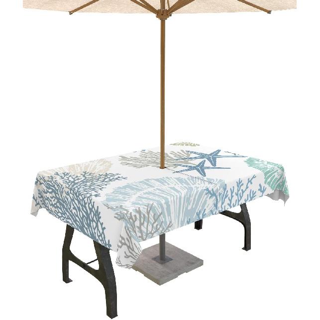 Abstract Marine Coral Outdoor Rectangle Tablecloth Zippered Table Cover with Umbrella Hole,Sea Ocean Starfish Texture Waterproof Table Cloths for