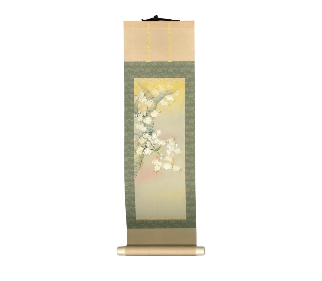 Castle Enterprise Mini Hanging Scroll: Cherry Blossoms and a Nightingale (Length 30.2 X Width 9.3 Cm)