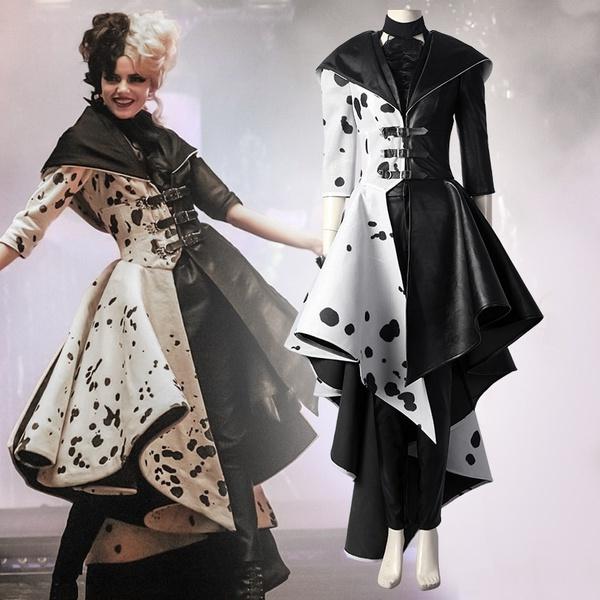 2025 Cruella De Vil Cosplay Costume Adult Women Cruella Black White Polka Dot Dress Jacket Cruella Cosplay Costume Coat Dress Outfit