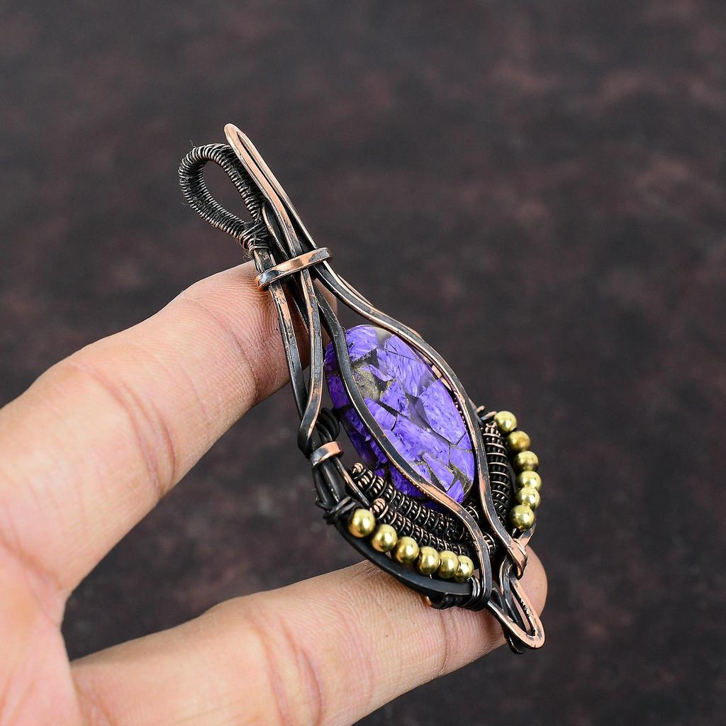 Медный кулон с чароитом, украшения, обмотанные медной проволокой, кулон с драгоценным камнем, кулон, обмотанный медной проволокой, украшения ручной работы, подарок для нее, дизайнерский кулон