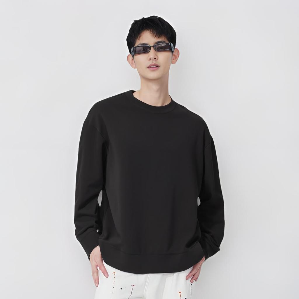 Uniqlo Свитшот Jil Sander, однотонный, с круглым вырезом, длинным рукавом, минималистичный, мужской, черный, 445160-09