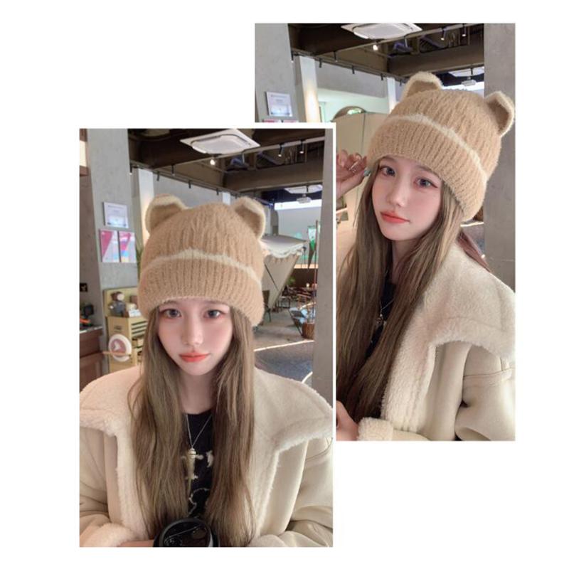 Зимняя теплая женская симпатичная шапка-бини, повседневная мешковатая меховая шапка с кошачьими ушками, аксессуары для головных уборов